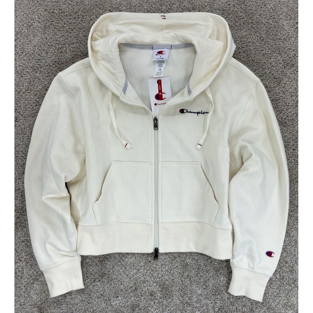 Champion Iconic Cropped Full Zip Hoodie Womens S Off-White Unbleached Cotton NWT